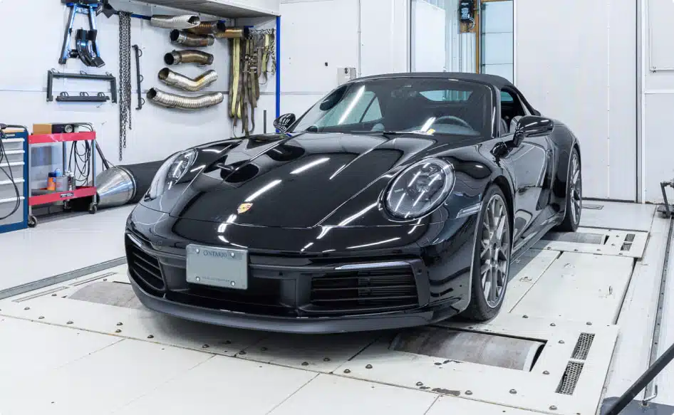 Porsche on a dyno getting a custom tuning