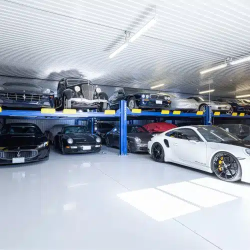 Storage facility at RSP Motorsports with BMW, Porsche, Mercedes and other luxury cars