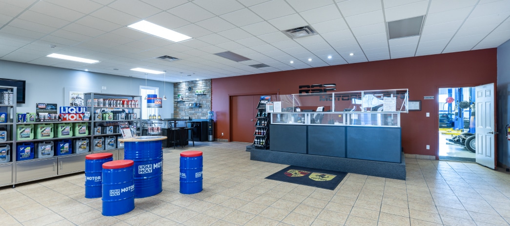 The RSP Motorsports Showroom with the service desk, Liqui Moly display and lounge area