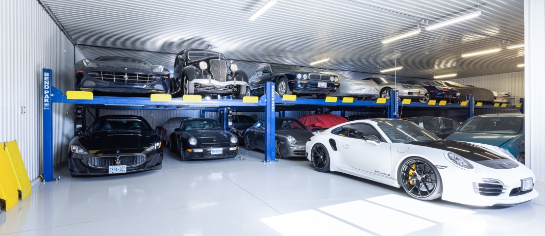 Storage facility at RSP Motorsports with BMW, Porsche, Mercedes and other luxury cars